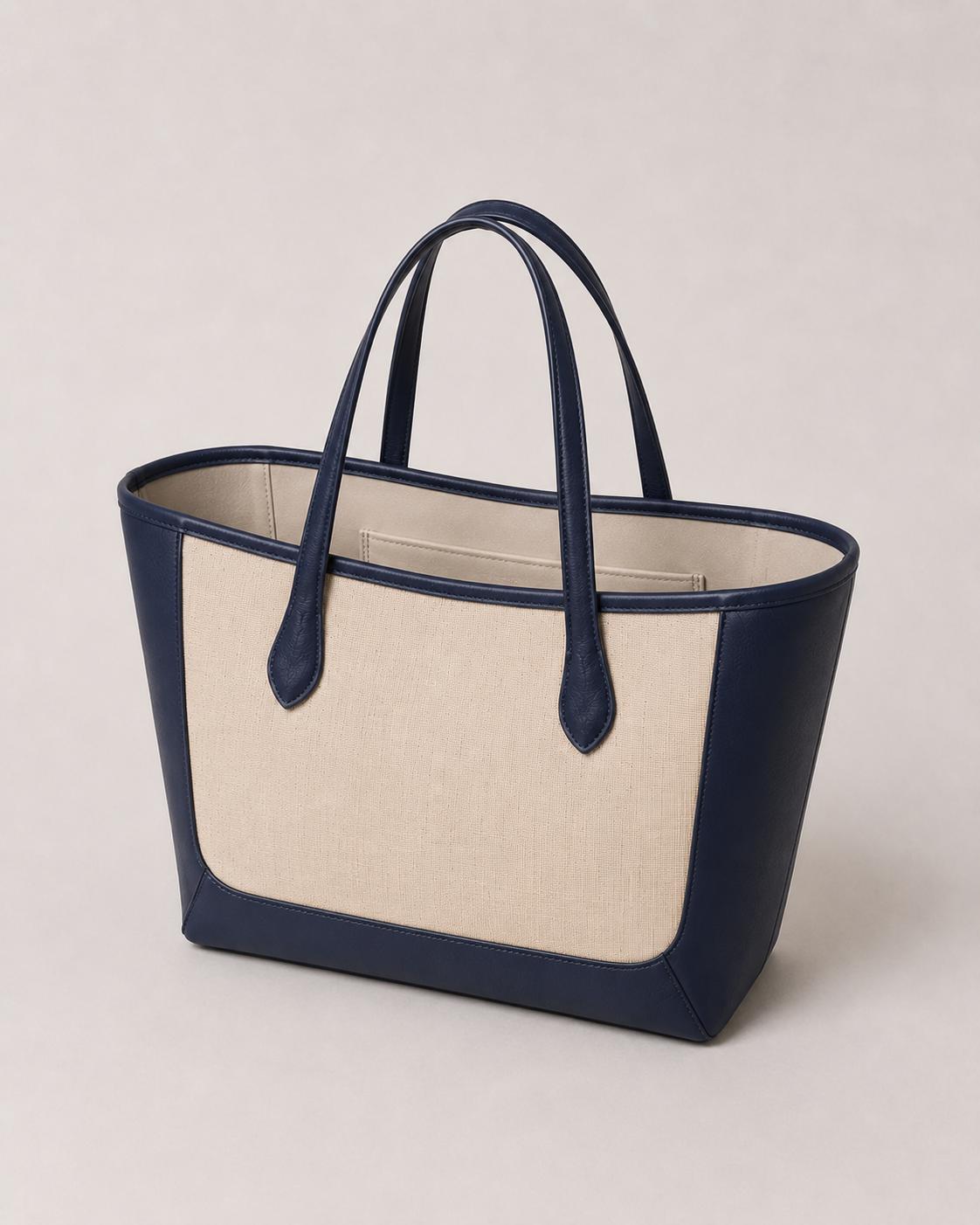 Lino de canva beige y piel azul marino, vista lateral#Color_Azul marino/Beige