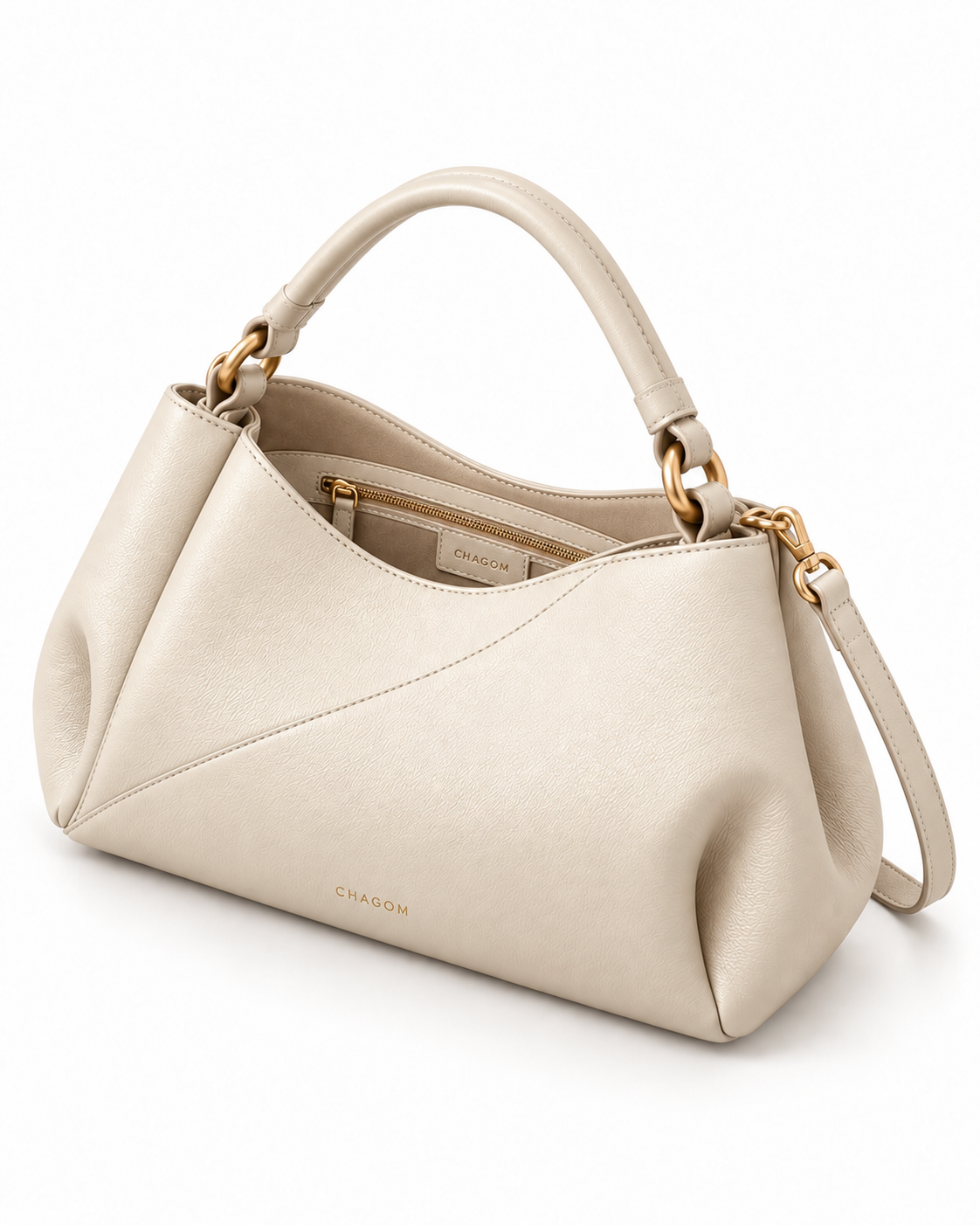 Bolso de hombro de piel ETER color marfil de CHAGOM, vista tres cuartos con interior visible#Color_Marfil