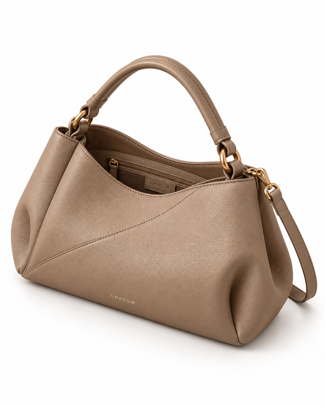 Bolso de hombro de piel ETER color taupe de CHAGOM, vista tres cuartos con interior visible#Color_Taupe