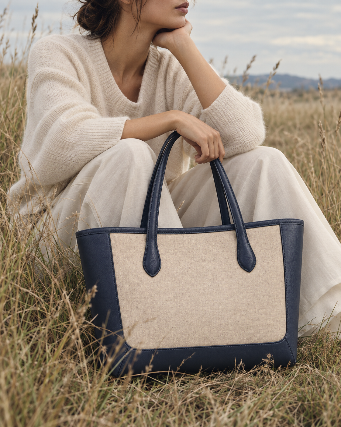 Bolso CHAGOM Lino azul marino y beige en sesión editorial de exterior