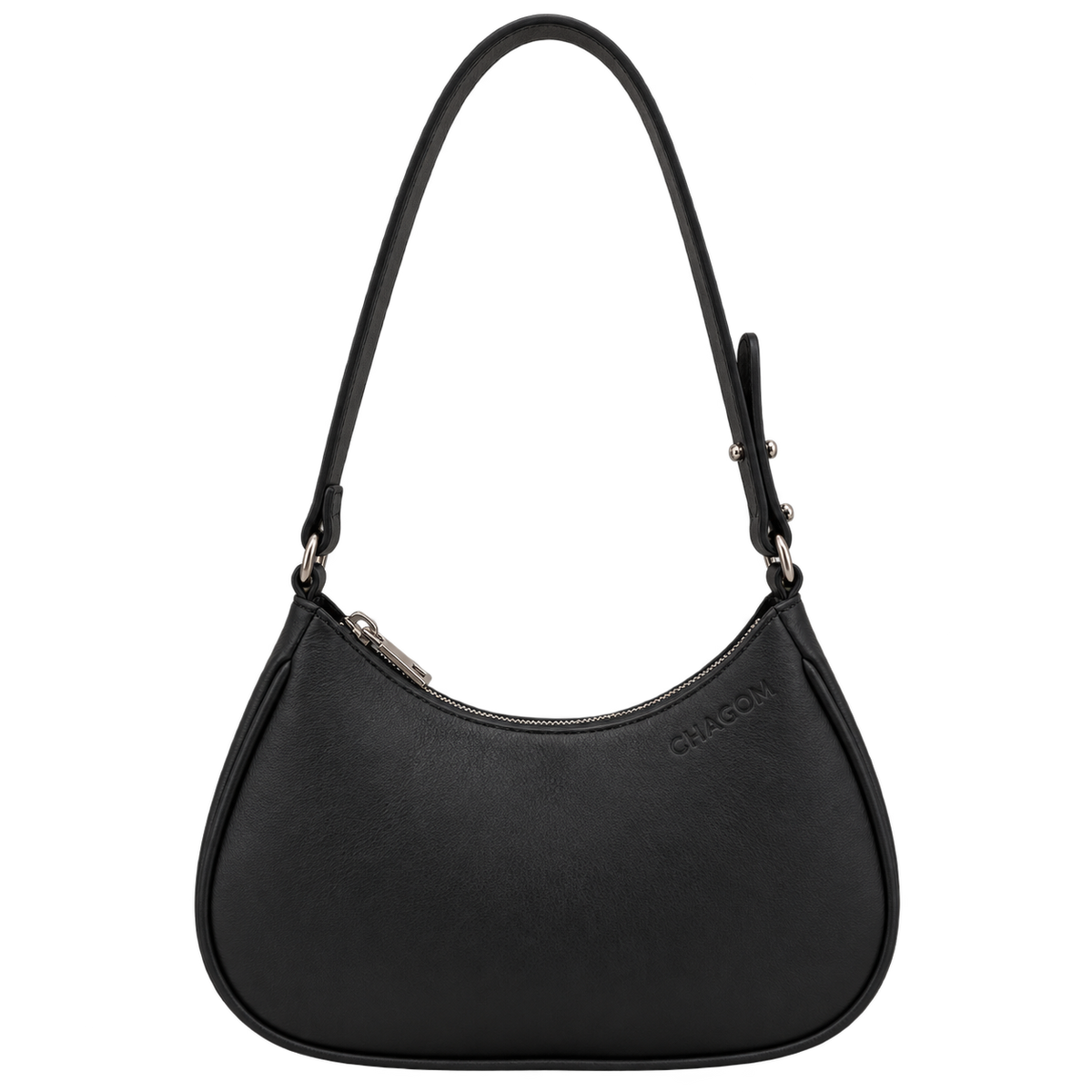 Bolso de hombro NUBE de CHAGOM en piel negra, vista frontal con correa