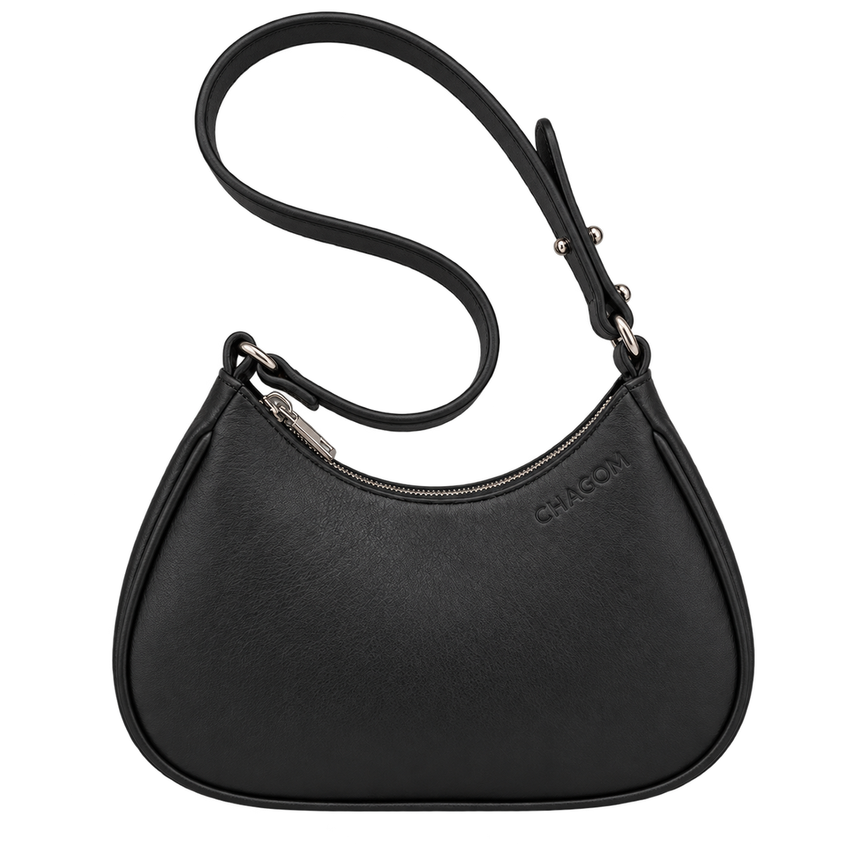 Bolso de hombro NUBE de CHAGOM en piel negra, vista superior con correa