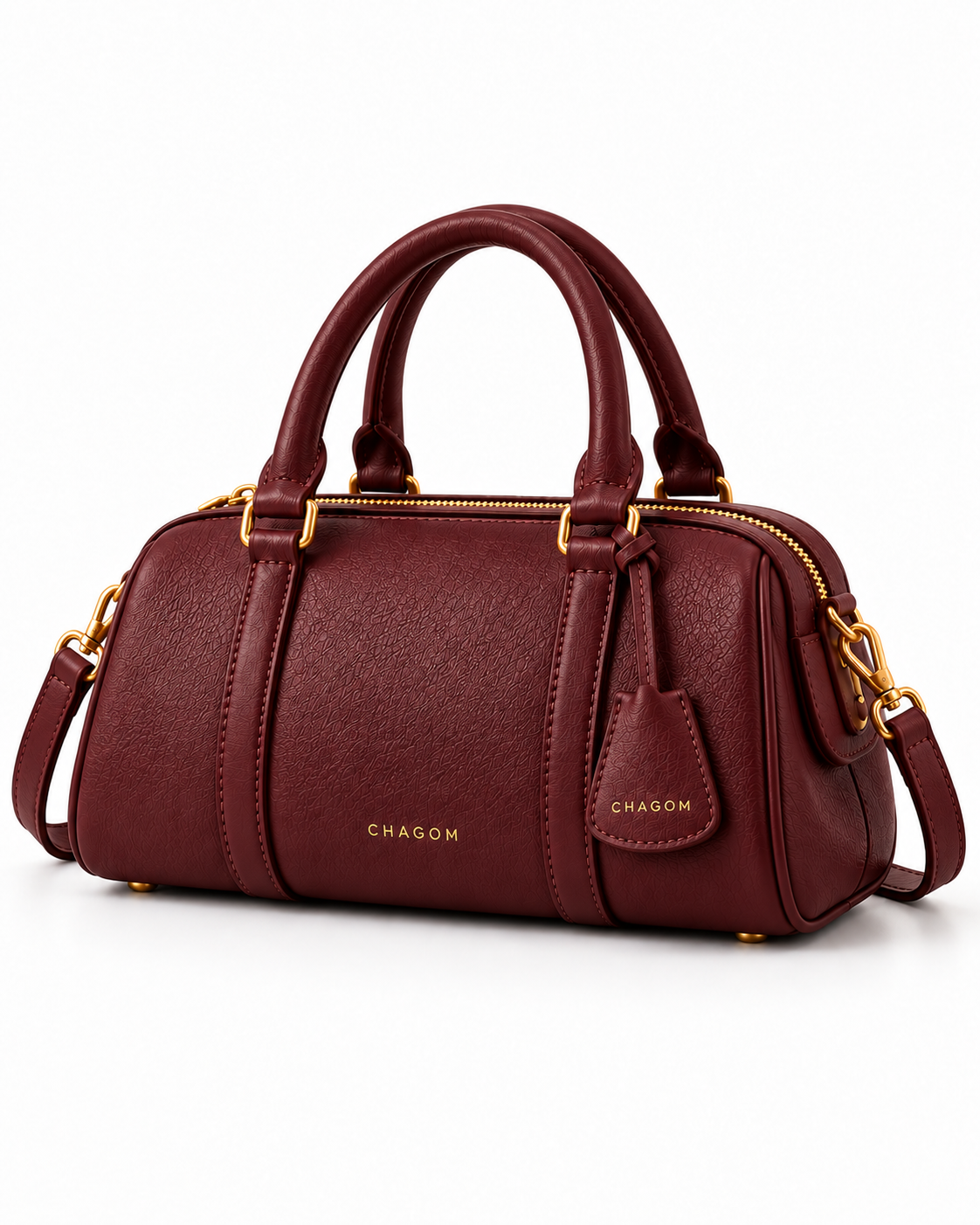 Bolso de mano de piel PÓRTICO color burdeos de CHAGOM, vista tres cuartos#Color_Burdeos