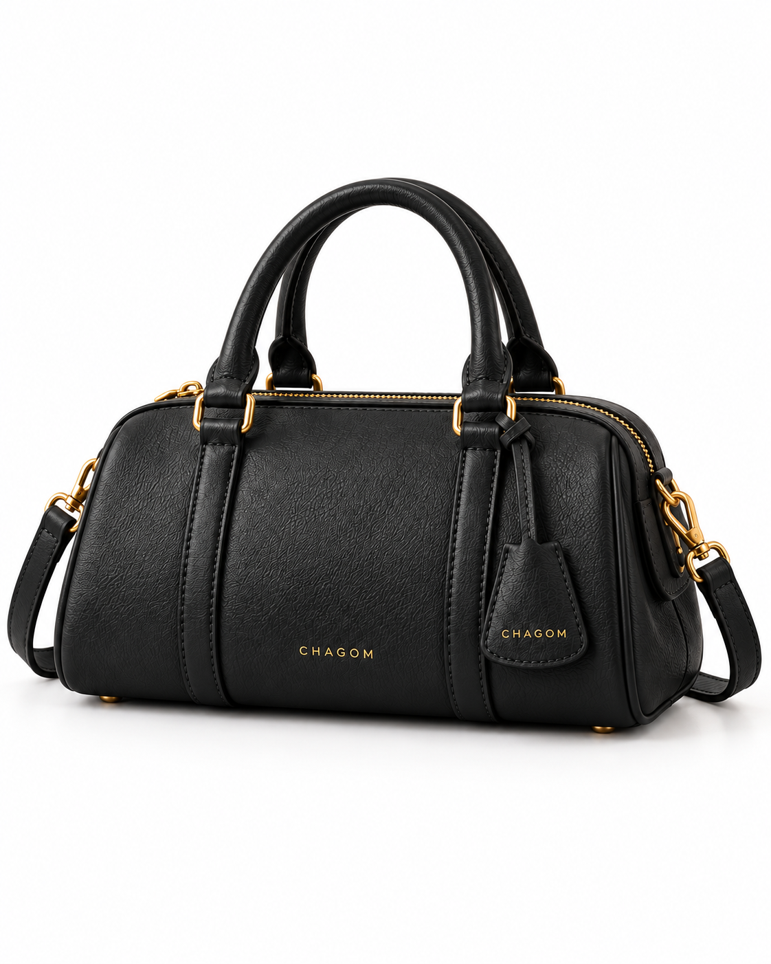 Bolso de mano de piel PÓRTICO color negro de CHAGOM, vista tres cuartos#Color_Negro