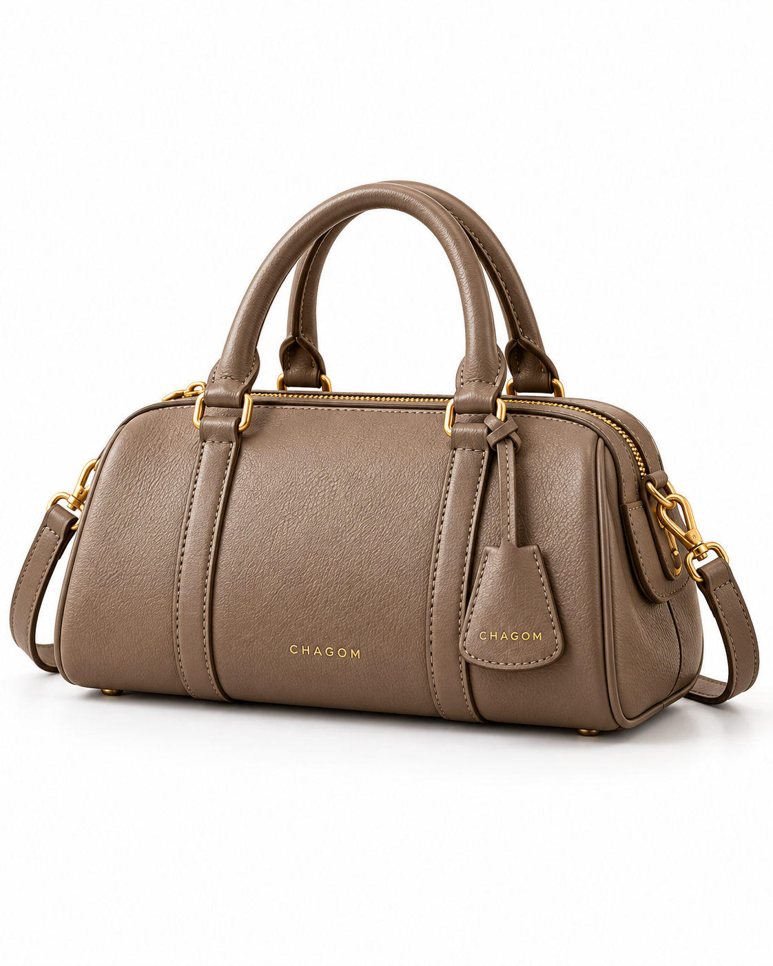 Bolso de mano de piel PÓRTICO color taupe de CHAGOM, vista tres cuartos#Color_Taupe