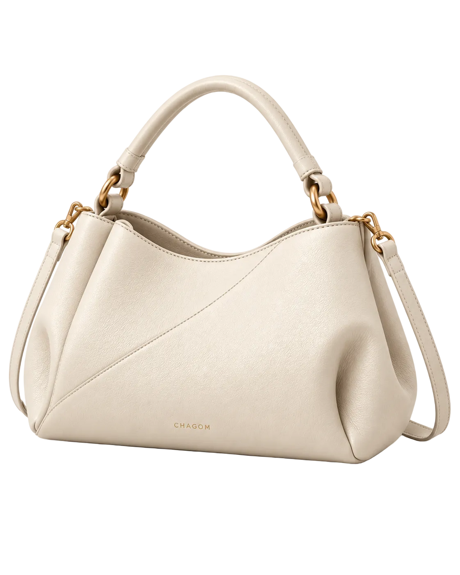 Bolso de hombro de piel ETER color marfil de CHAGOM, vista frontal#Color_Marfil