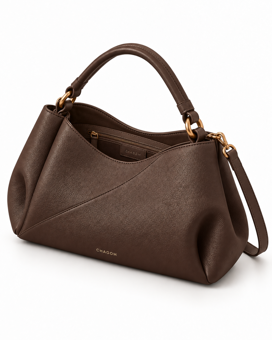 Bolso de hombro de piel ETER color marrón chocolate de CHAGOM, vista tres cuartos con interior visible#Color_Marrón chocolate