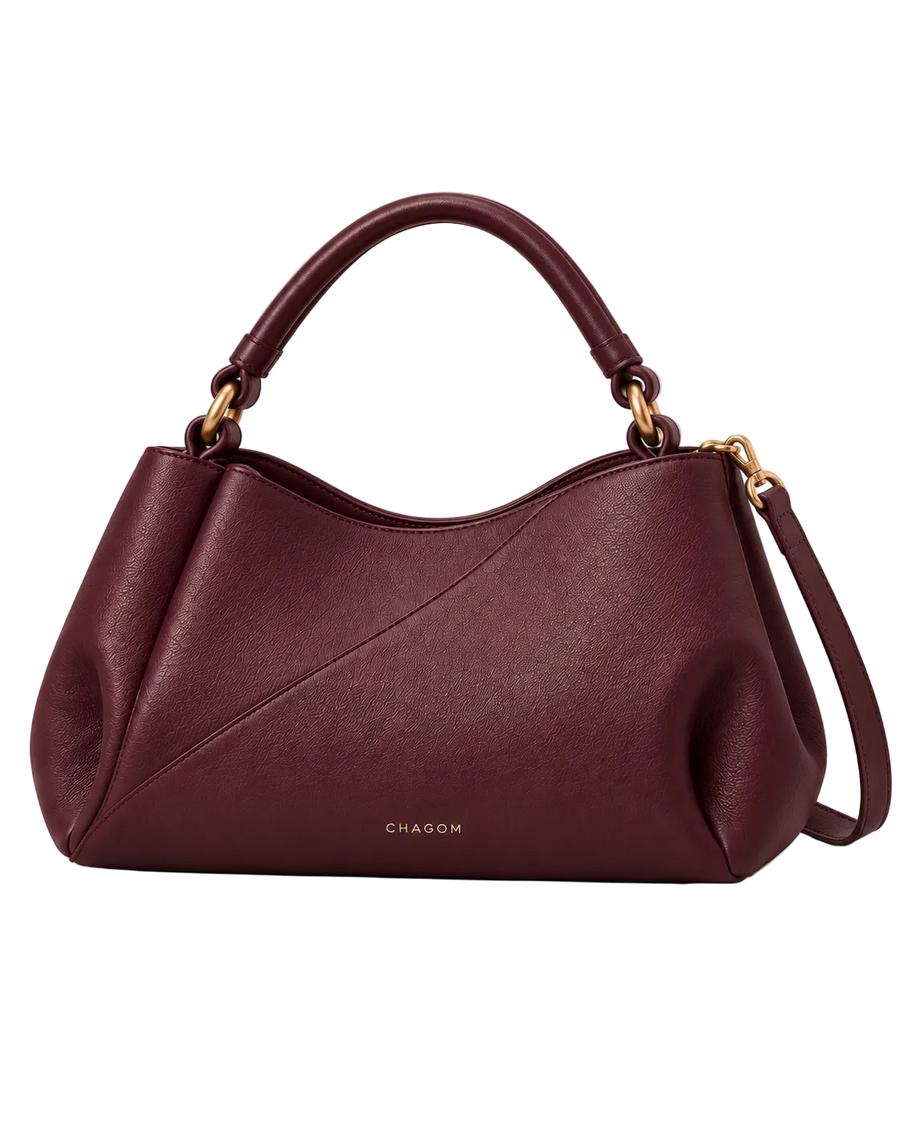 Bolso de hombro de piel ETER color burdeos de CHAGOM, vista frontal#Color_Burdeos