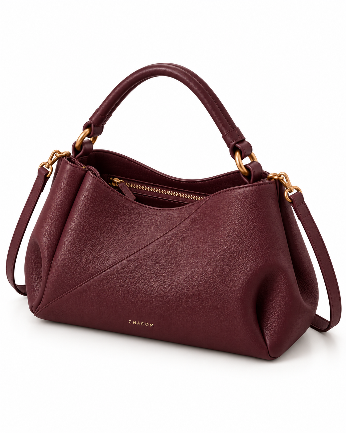 Bolso de hombro de piel ETER color burdeos de CHAGOM, vista tres cuartos con interior visible#Color_Burdeos