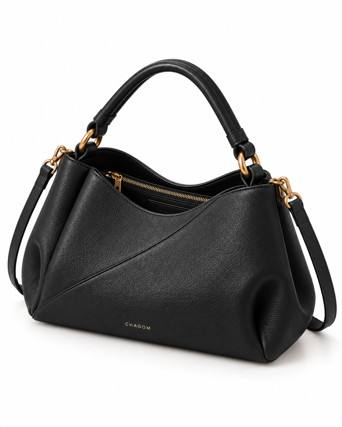 Bolso de hombro de piel ETER color negro de CHAGOM, vista tres cuartos con interior visible#Color_Negro