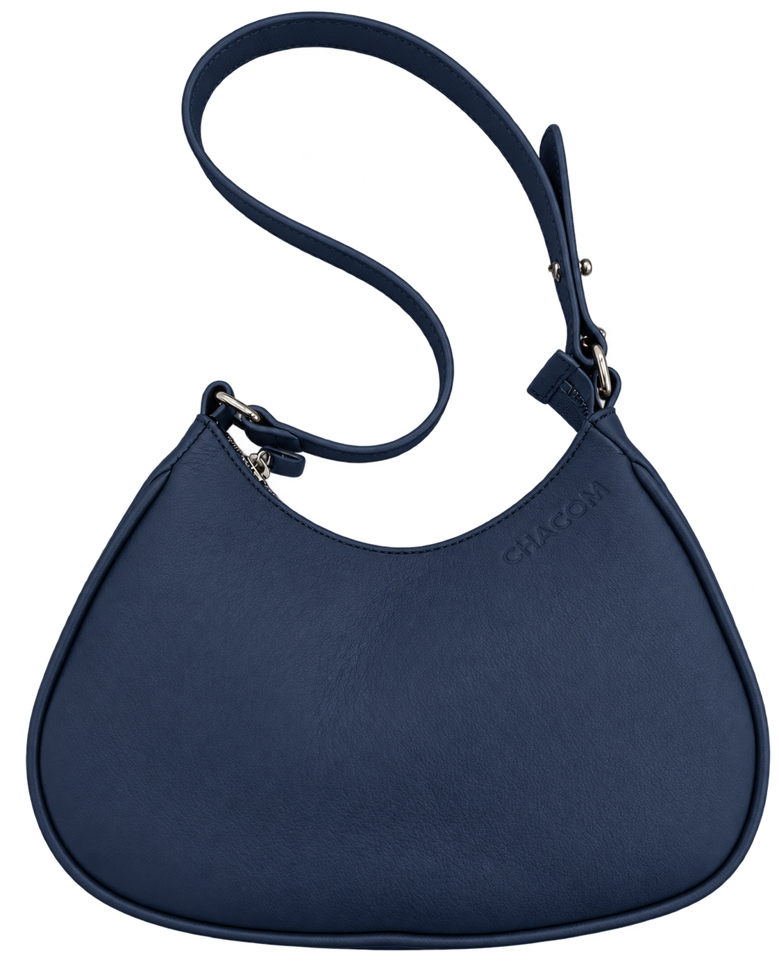 Bolso de hombro NUBE de CHAGOM en piel azul marino, vista frontal con correa