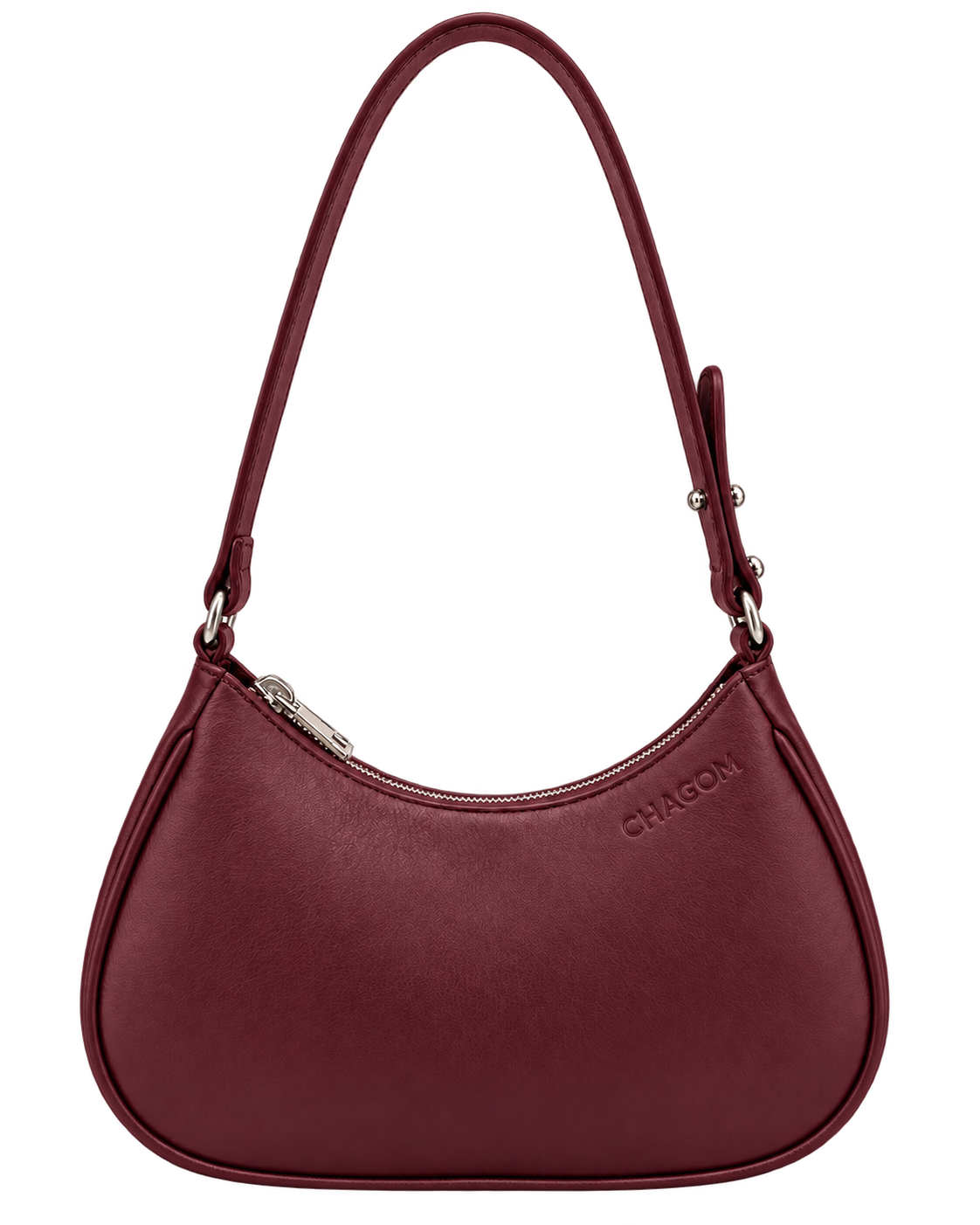 Bolso de hombro NUBE de CHAGOM en piel burdeos, vista frontal con correa