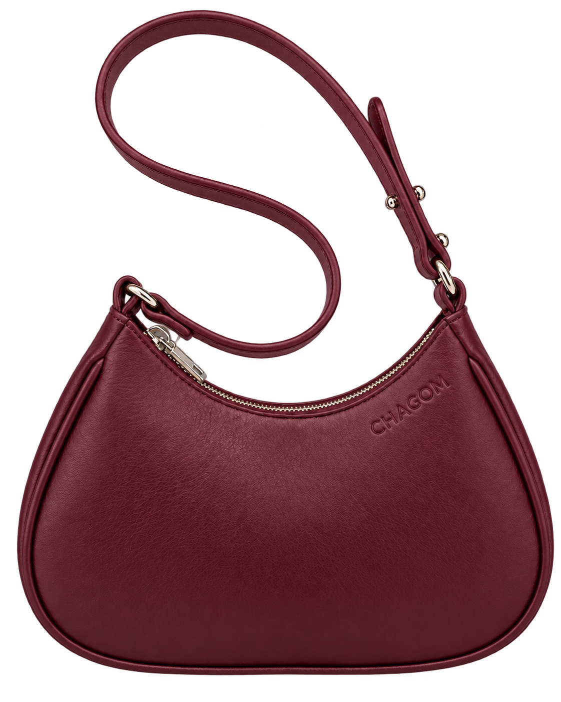 Bolso de hombro NUBE de CHAGOM en piel burdeos, vista superior con correa
