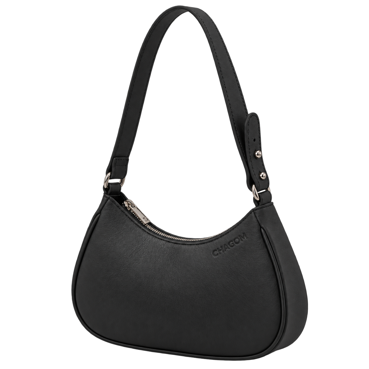 Bolso de hombro NUBE de CHAGOM en piel negra, vista tres cuartos derecha