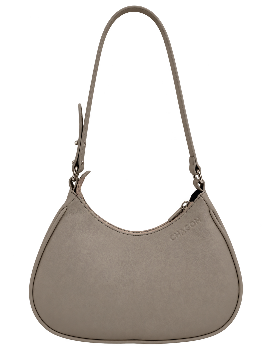 Bolso de hombro NUBE de CHAGOM en piel taupe, vista frontal con correa