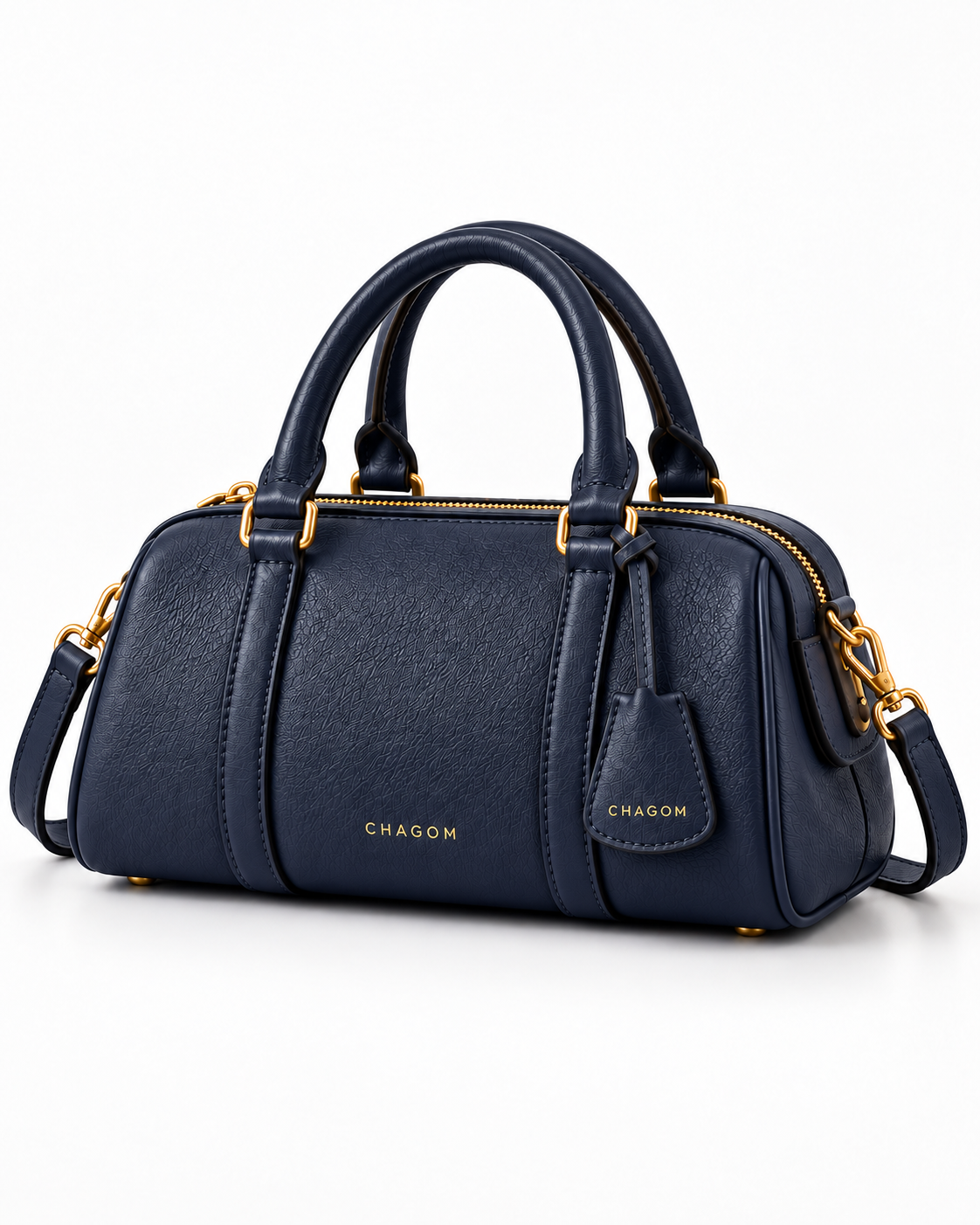Bolso de mano de piel PÓRTICO color azul marino de CHAGOM, vista tres cuartos#Color_Azul marino