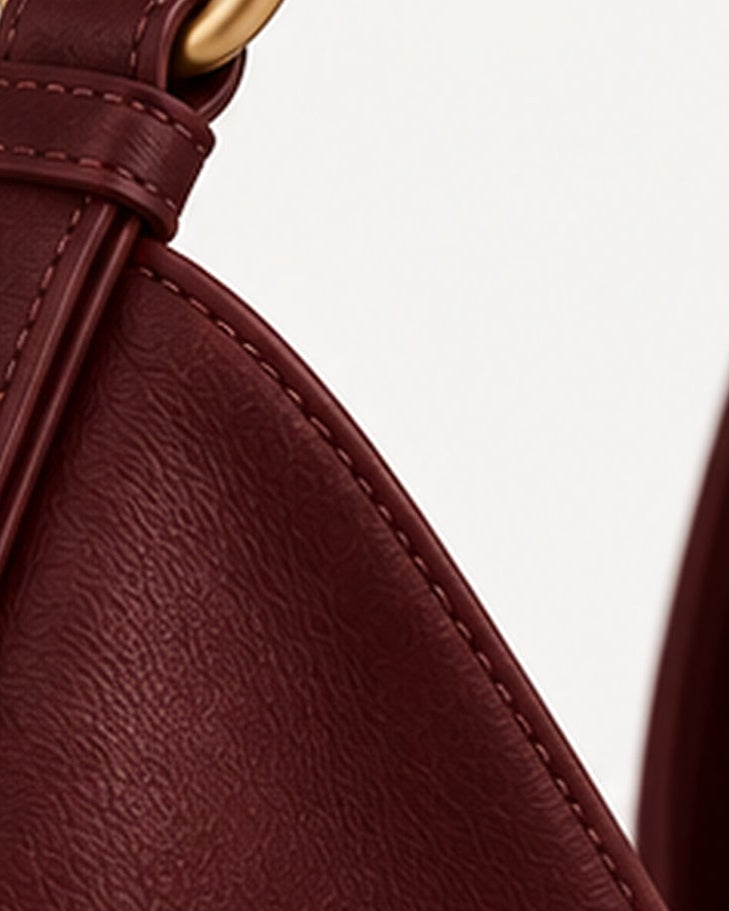 Detalle del asa y herraje dorado del bolso de piel SENDA 36 de CHAGOM en color burdeos#Color_Burdeos