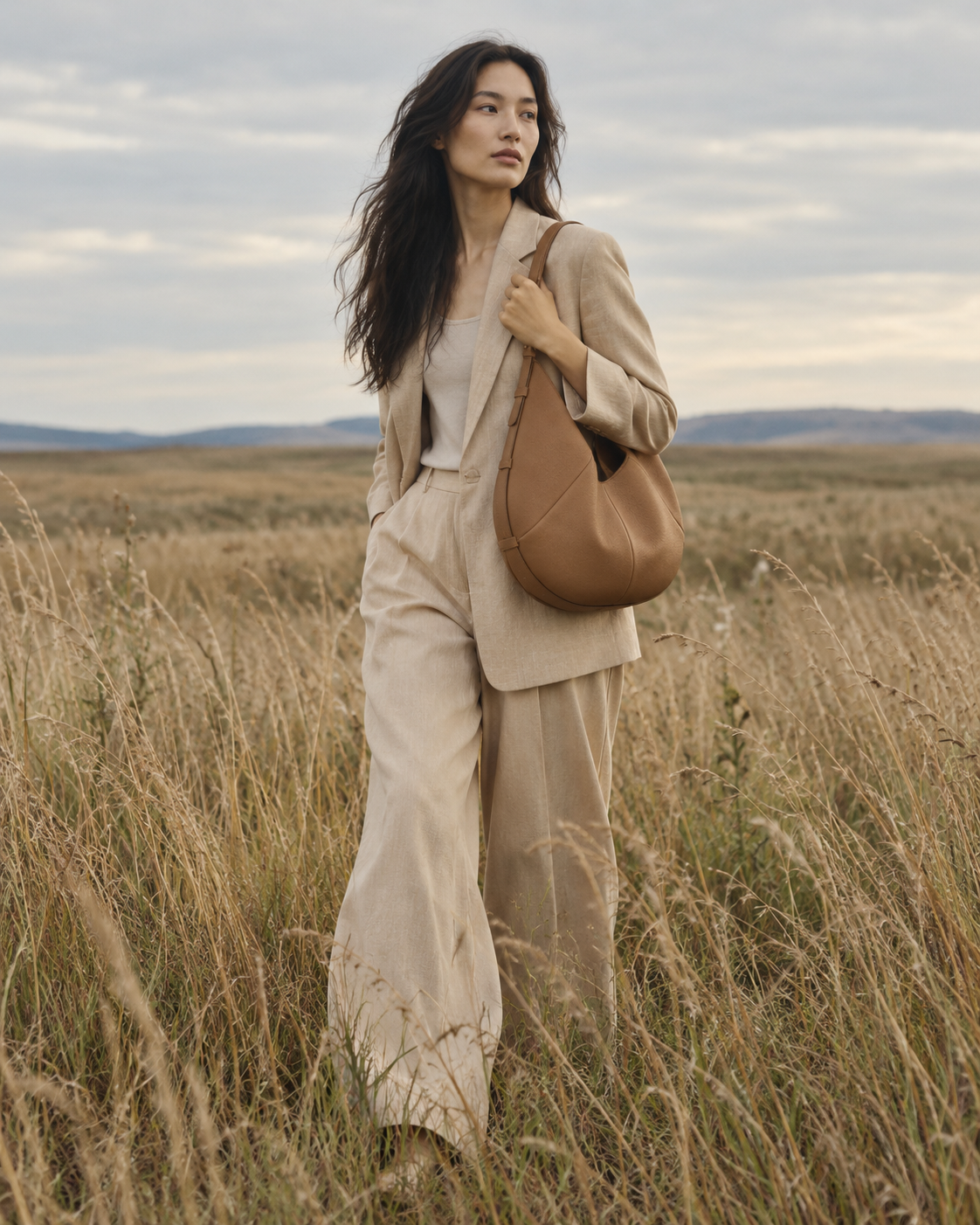 Bolso SENDA 36 camel CHAGOM en exterior natural con modelo#Color_Camel