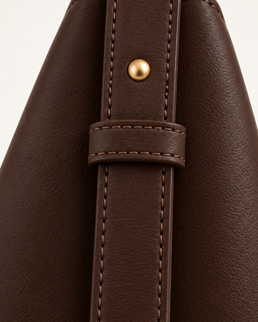 Detalle lateral con trabilla y herraje del bolso de piel SENDA 36 de CHAGOM en color chocolate#Color_Chocolate