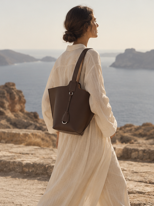 Bolso VELA 26 chocolate de CHAGOM con modelo en paisaje costero mediterráneo