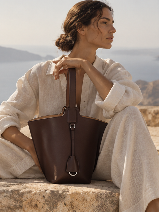 Bolso VELA 26 chocolate de CHAGOM con modelo sentada en localización mediterránea